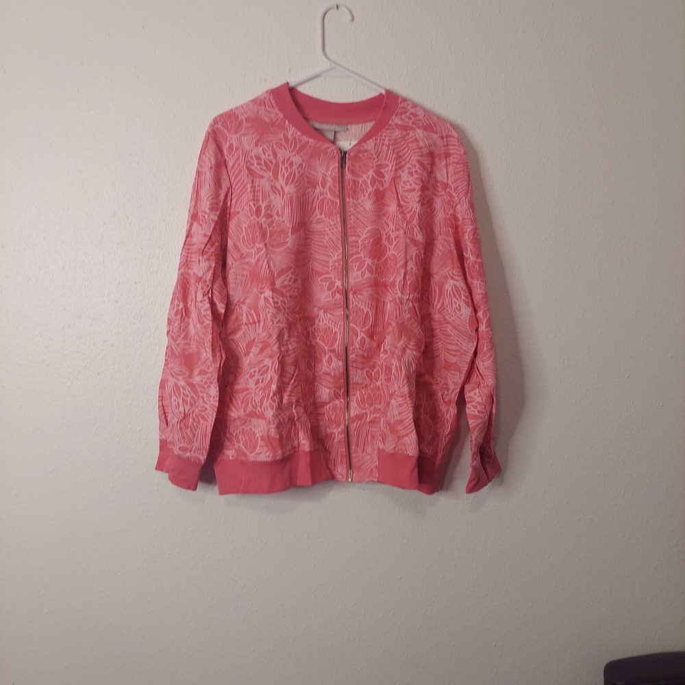 Woman Within Pink Patterned Bomber Jacket